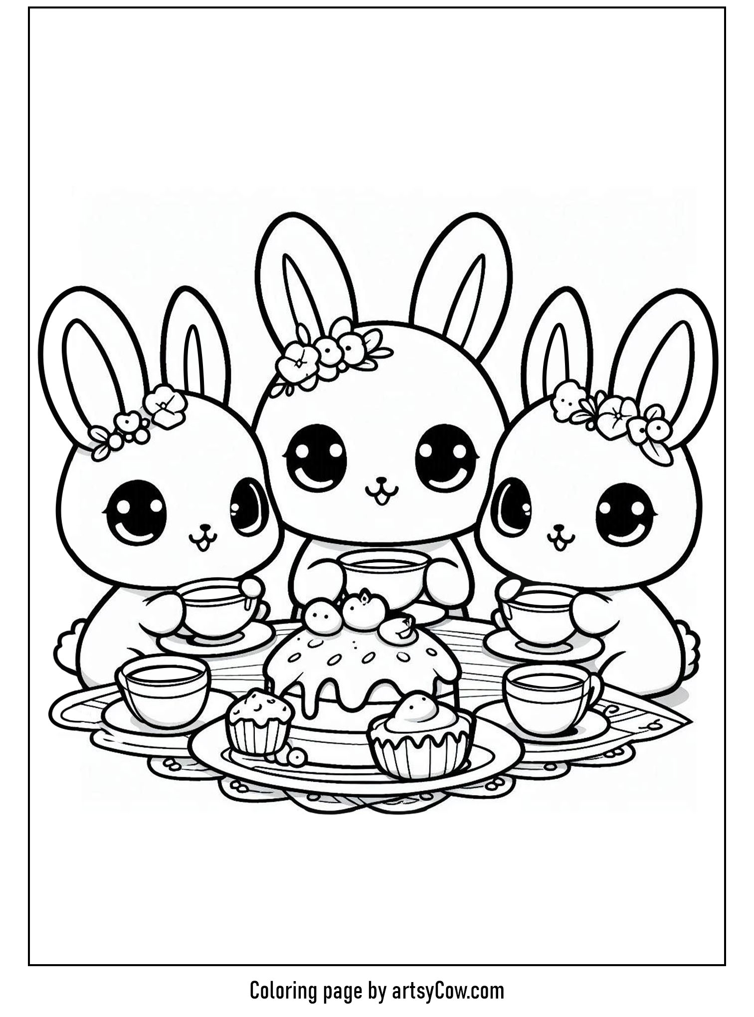 Easter coloring pages for kids featuring three adorable bunnies having a tea party, complete with a cake and cupcakes on the table.